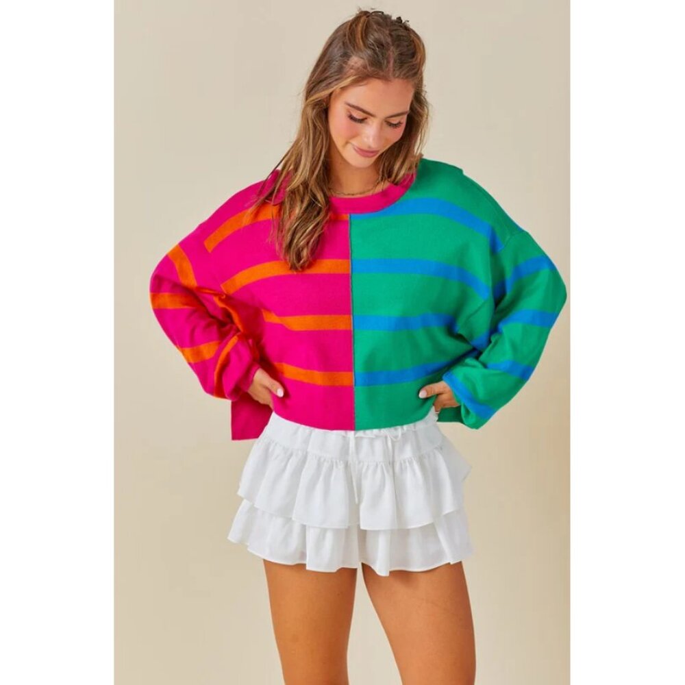 day + moon Sz. L Colorblock Cropped Striped Knit Sweater - Picture 2 of 15